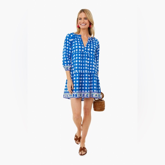 W-26 SZ Blockprints London Blue‎ Gingham Print Priya Dress - Picture 1 of 6